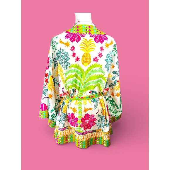 Farm Rio Queen of Fruits Tropical Kimono Jacket SZ‎ Lge Tie Beaded Tassel Fringe - Picture 7 of 16